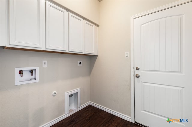 washroom with cabinets, electric dryer hookup, gas dryer hookup, hookup for a washing machine, and dark hardwood / wood-style flooring