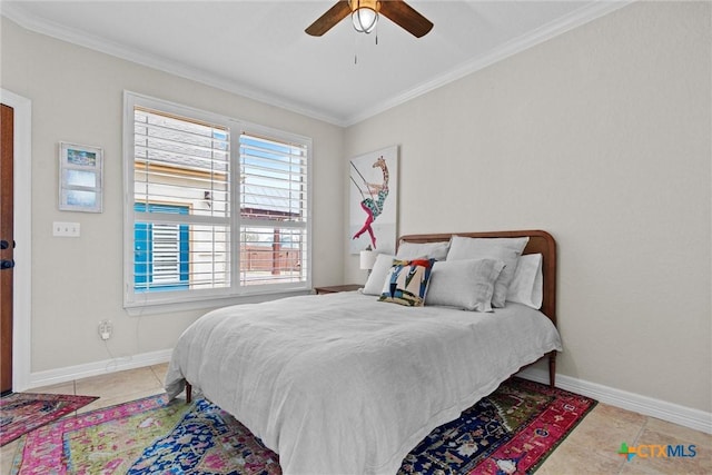 tiled bedroom featuring ceiling fan, baseboards, and crown molding