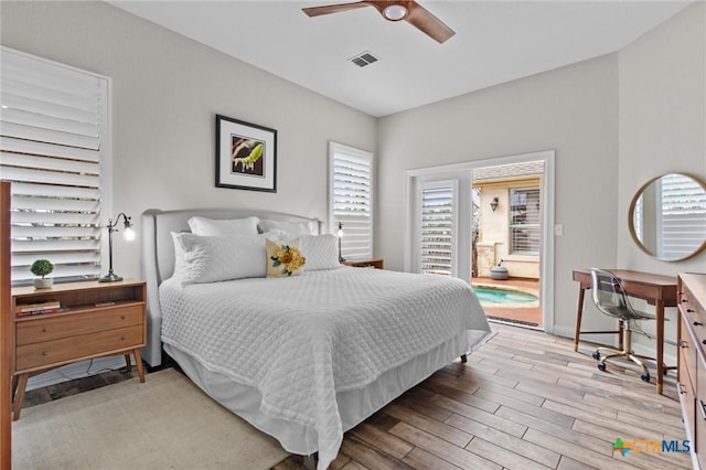 bedroom with a ceiling fan, baseboards, visible vents, access to outside, and light wood-style floors