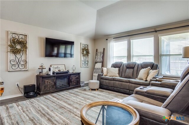 living room with hardwood / wood-style flooring and lofted ceiling