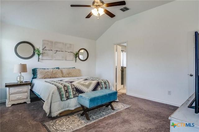 bedroom with ceiling fan, dark colored carpet, and lofted ceiling