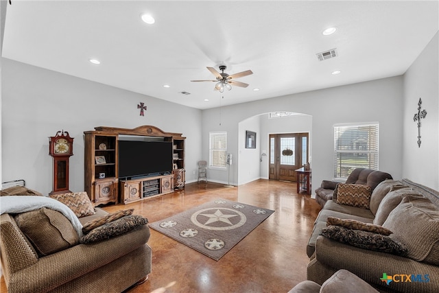 living room with ceiling fan