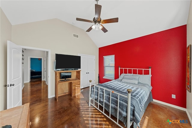 bedroom featuring high vaulted ceiling and ceiling fan