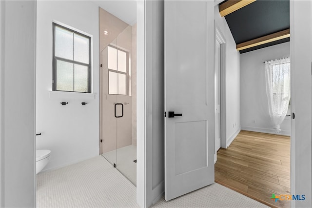 bathroom with hardwood / wood-style floors, toilet, and a shower with door