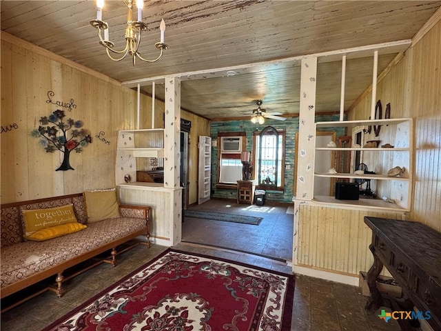interior space featuring wooden walls, ceiling fan with notable chandelier, wooden ceiling, and a wall mounted air conditioner