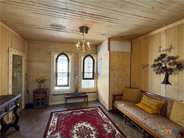 living area featuring hardwood / wood-style floors, an inviting chandelier, wooden walls, and wood ceiling
