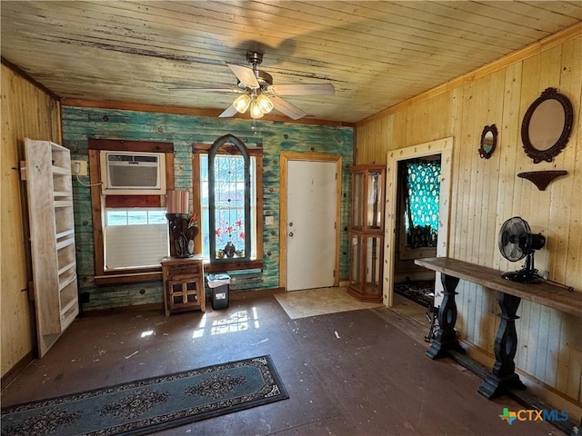 entryway featuring wood ceiling, an AC wall unit, and ceiling fan