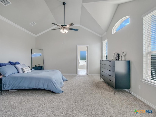 1701 Meadow Crest Dr, Salado, TX 76571 - bedroom with light colored carpet, multiple windows, high vaulted ceiling, baseboards, and ceiling fan