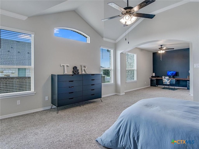 1701 Meadow Crest Dr, Salado, TX 76571 - bedroom featuring carpet, arched walkways, baseboards, ceiling fan, and high vaulted ceiling
