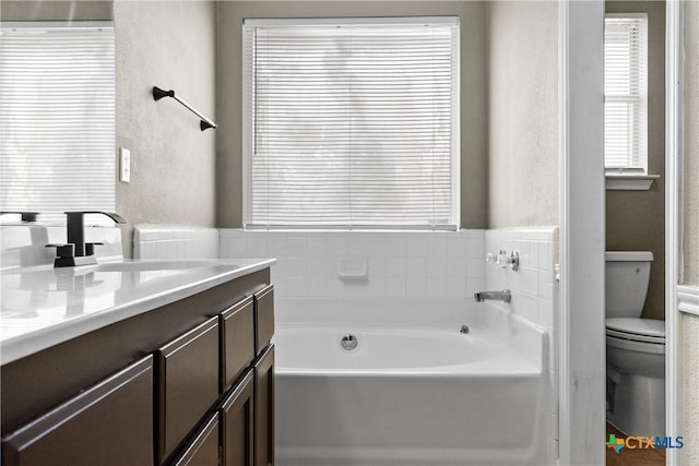 bathroom featuring vanity, toilet, and a bathing tub