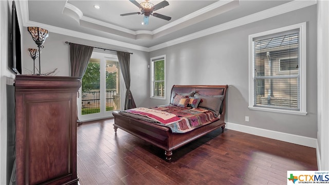 bedroom with access to outside, dark hardwood / wood-style flooring, ceiling fan, and crown molding