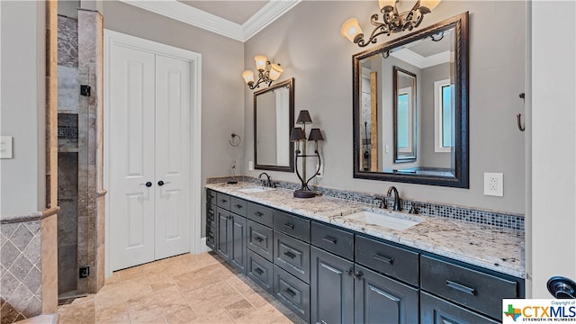 bathroom with an enclosed shower, vanity, and crown molding