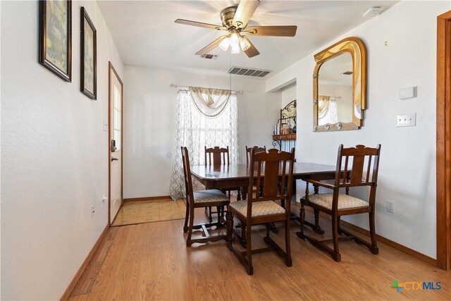 dining area featuring wood-type flooring and ceiling fan