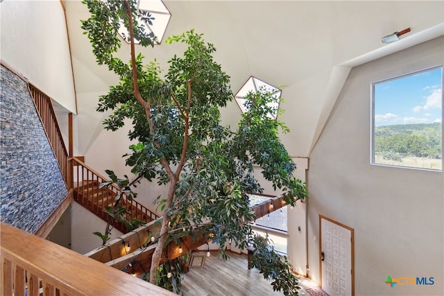 stairway with a towering ceiling and hardwood / wood-style floors