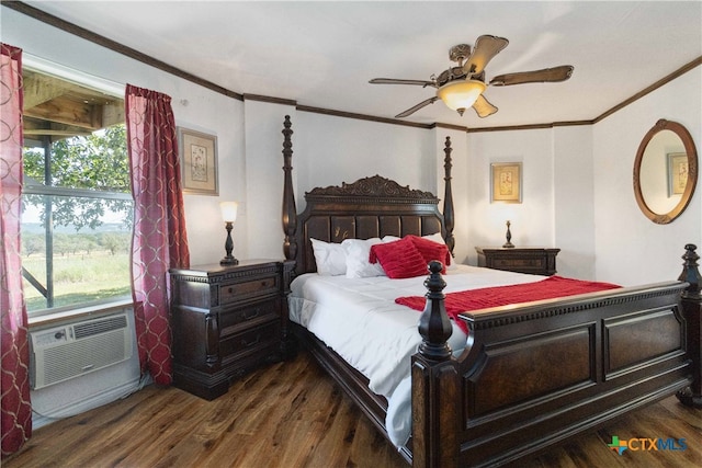 bedroom featuring ornamental molding, cooling unit, ceiling fan, and dark hardwood / wood-style floors