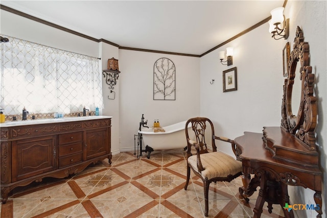 office featuring ornamental molding and sink