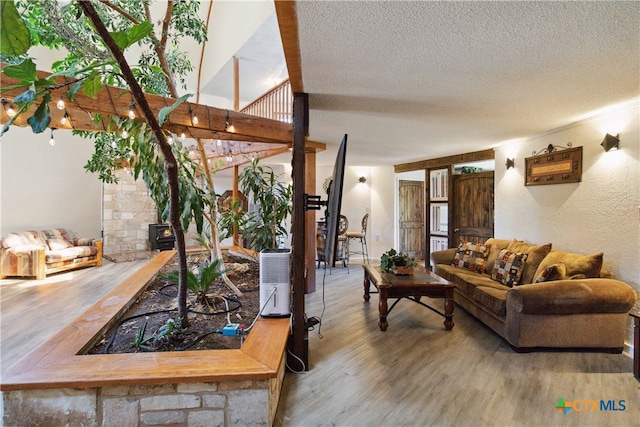 living room featuring hardwood / wood-style floors, a textured ceiling, and a wood stove