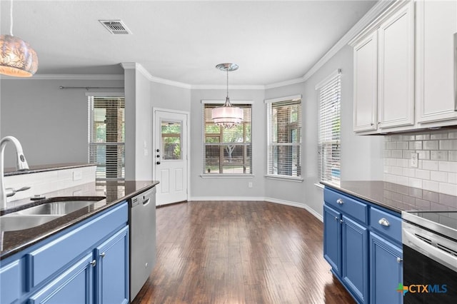 5705 Fenton Ln, Belton, TX 76513 - kitchen featuring blue cabinetry, a sink, stainless steel appliances, white cabinets, and decorative backsplash