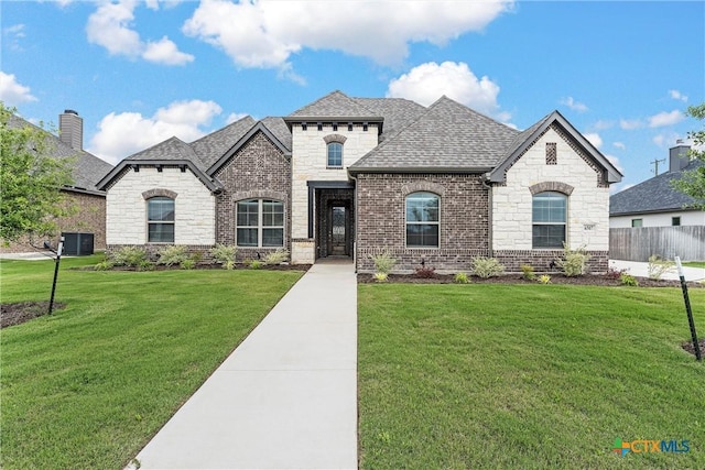 french country style house with a front yard and central AC unit