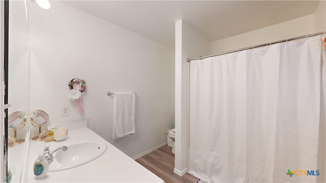 bathroom with toilet, vanity, and wood-type flooring