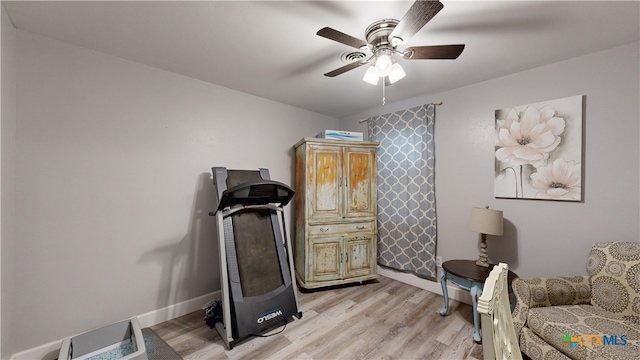 exercise area featuring light wood-type flooring and ceiling fan