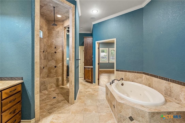 bathroom with plus walk in shower and crown molding