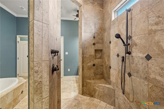 bathroom with ceiling fan, ornamental molding, and shower with separate bathtub