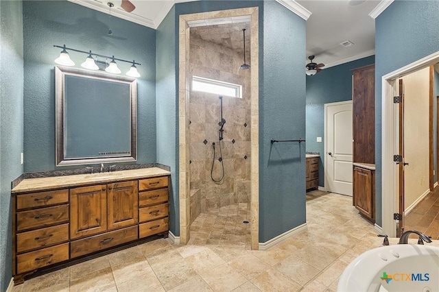 bathroom featuring ceiling fan, vanity, ornamental molding, and independent shower and bath