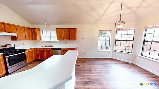 kitchen with stainless steel appliances, wood-type flooring, vaulted ceiling, a notable chandelier, and hanging light fixtures