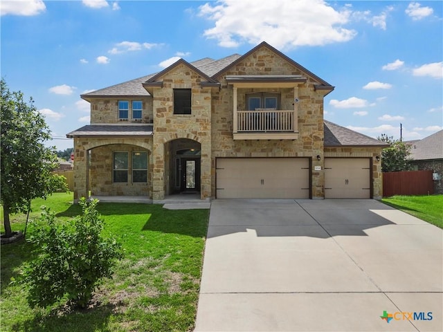 2014 Deer Field Way, Harker Heights, TX 76548 - french country inspired facade featuring stone siding, a balcony, driveway, an attached garage, and roof with shingles
