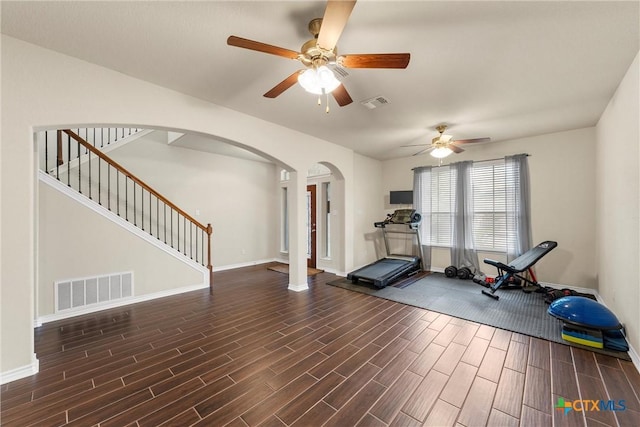 2014 Deer Field Way, Harker Heights, TX 76548 - workout area with arched walkways, ceiling fan, and wood finished floors