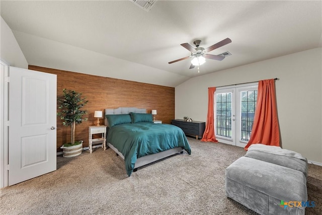 2014 Deer Field Way, Harker Heights, TX 76548 - bedroom featuring vaulted ceiling, carpet, access to exterior, wood walls, and a ceiling fan
