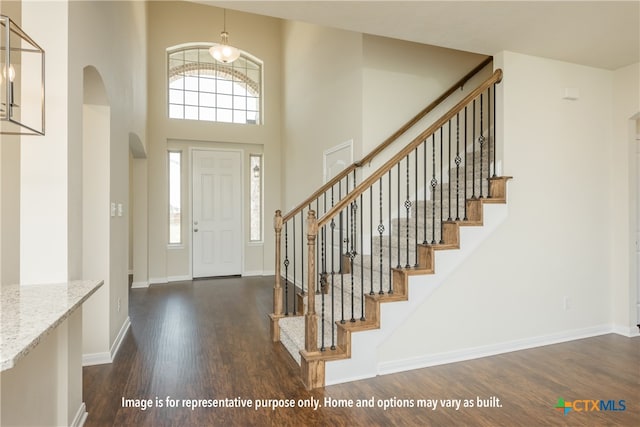 foyer entrance with a towering ceiling and dark wood-type flooring