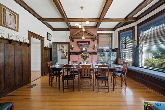 dining area featuring wooden walls, a chandelier, coffered ceiling, beam ceiling, and light wood-type flooring