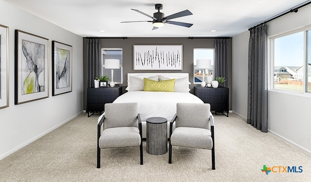 212 Torchwood Dr, Marble Falls, TX 78654 - bedroom with light carpet, baseboards, a ceiling fan, and recessed lighting