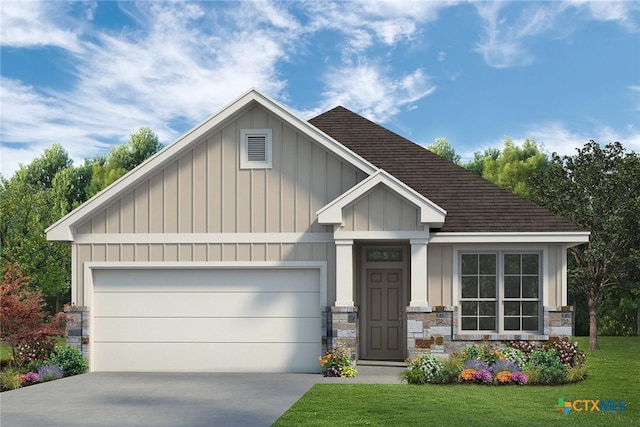 craftsman inspired home with a front yard, roof with shingles, an attached garage, concrete driveway, and board and batten siding