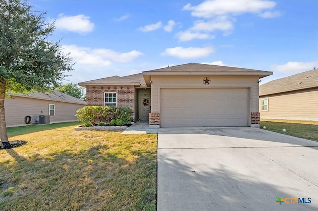 single story home with brick siding, a garage, driveway, a front lawn, and cooling unit