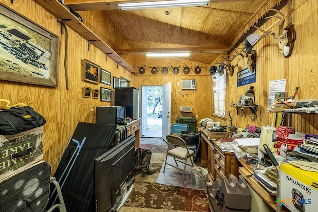 6589 State Highway 304, Harwood, TX 78632 - office area with wooden walls, a wall mounted AC, carpet, wood ceiling, and a workshop area