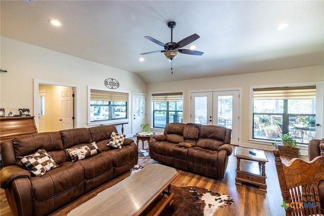6589 State Highway 304, Harwood, TX 78632 - living room featuring wood finished floors, a ceiling fan, vaulted ceiling, french doors, and recessed lighting