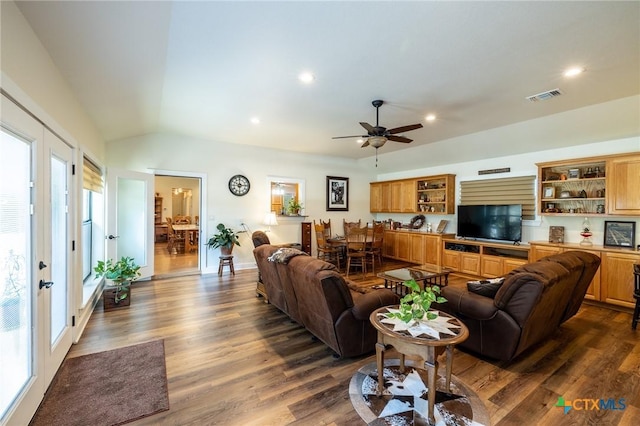 6589 State Highway 304, Harwood, TX 78632 - living area with vaulted ceiling, dark wood finished floors, ceiling fan, and recessed lighting