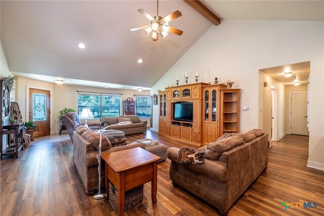 6589 State Highway 304, Harwood, TX 78632 - living area with dark wood finished floors, beam ceiling, a ceiling fan, high vaulted ceiling, and recessed lighting
