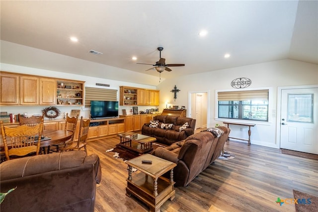 6589 State Highway 304, Harwood, TX 78632 - living room featuring vaulted ceiling, ceiling fan, dark wood-style flooring, and recessed lighting