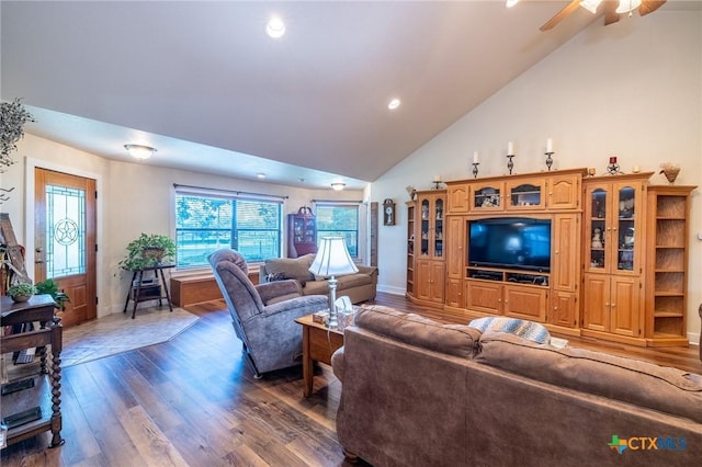 6589 State Highway 304, Harwood, TX 78632 - living room featuring dark wood finished floors, baseboards, a ceiling fan, recessed lighting, and high vaulted ceiling