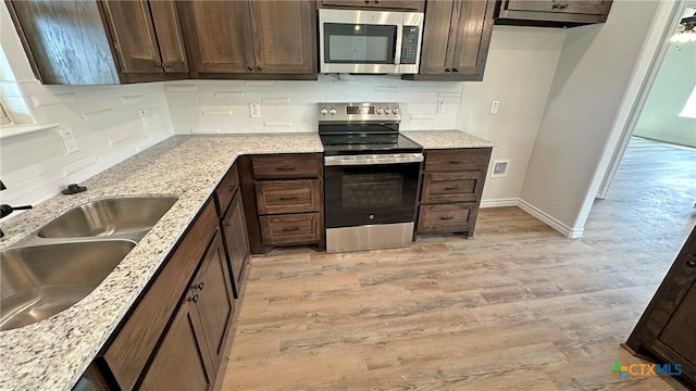 kitchen featuring light wood finished floors, dark brown cabinets, a sink, and stainless steel appliances