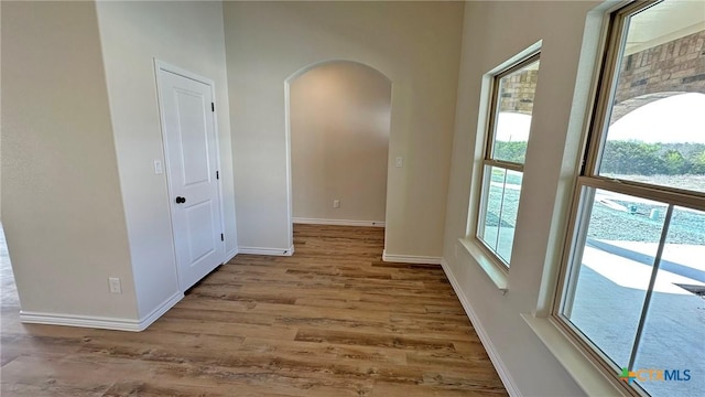 corridor featuring baseboards, wood finished floors, and arched walkways