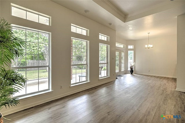 2109 Southport Dr, Killeen, TX 76542 - unfurnished room with a tray ceiling, wood finished floors, a chandelier, and ornamental molding
