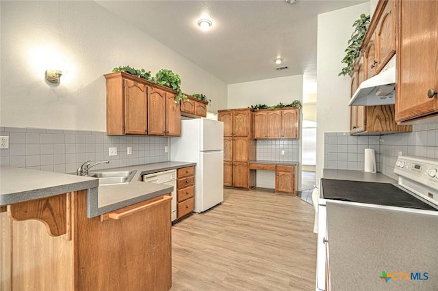 2109 Southport Dr, Killeen, TX 76542 - kitchen with white appliances, under cabinet range hood, backsplash, a peninsula, and brown cabinets