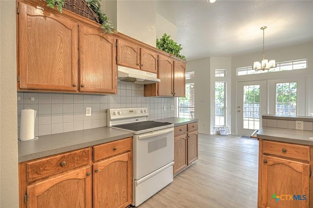 2109 Southport Dr, Killeen, TX 76542 - kitchen with white electric range oven, under cabinet range hood, tasteful backsplash, and light wood-style floors