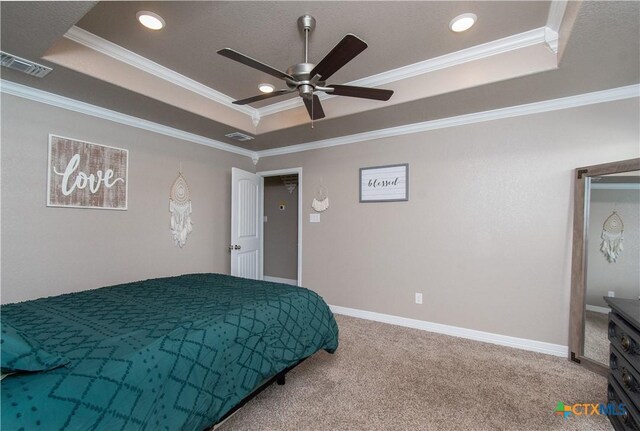 503 Willow Dr, Troy, TX 76579 - bedroom with a tray ceiling, carpet, crown molding, recessed lighting, and ceiling fan