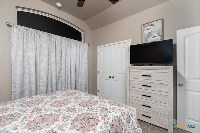 503 Willow Dr, Troy, TX 76579 - bedroom featuring a closet, carpet flooring, lofted ceiling, and a ceiling fan